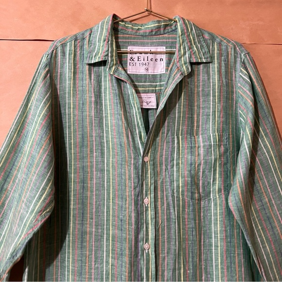 Frank & Eileen | Rory Maxi Shirtdress Linen Green Multi Stripe Dress Size M - Picture 5 of 14
